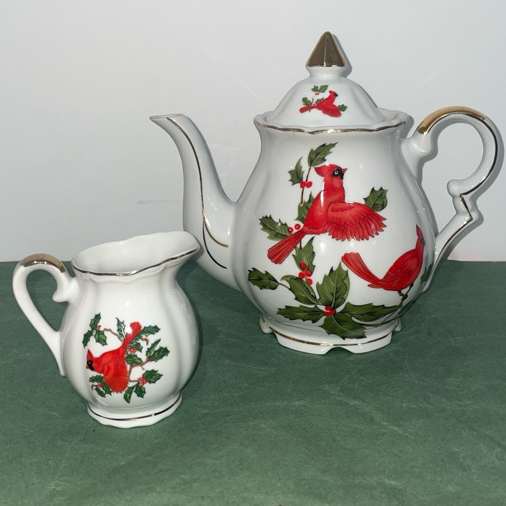 LEFTON 04537 CARDINAL COFFEE POT  & CREAMER SET PORCELAIN TEAPOT SET 1984